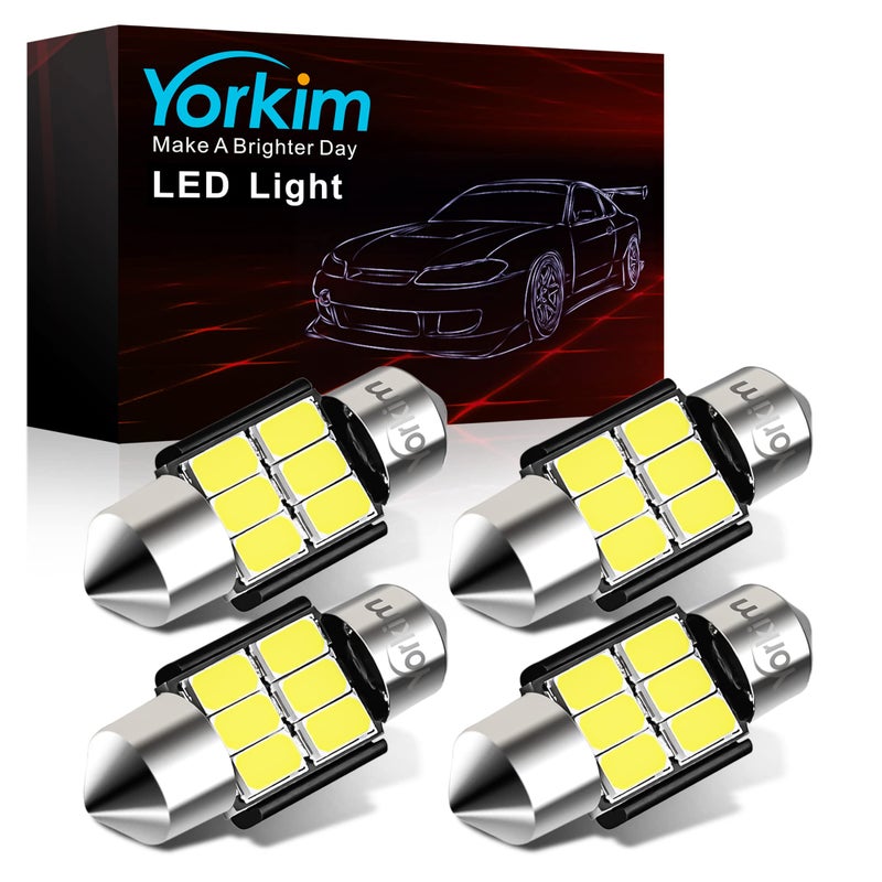 Yorkim DE3022 LED Bulb Super Bright DE3175 Festoon Bulbs White, Error Free Canbus 6-SMD 5730 Chipsets, DE3021 Interior Car Lights 31mm LED Bulbs for dome map light - Pack of 4 - Image 1